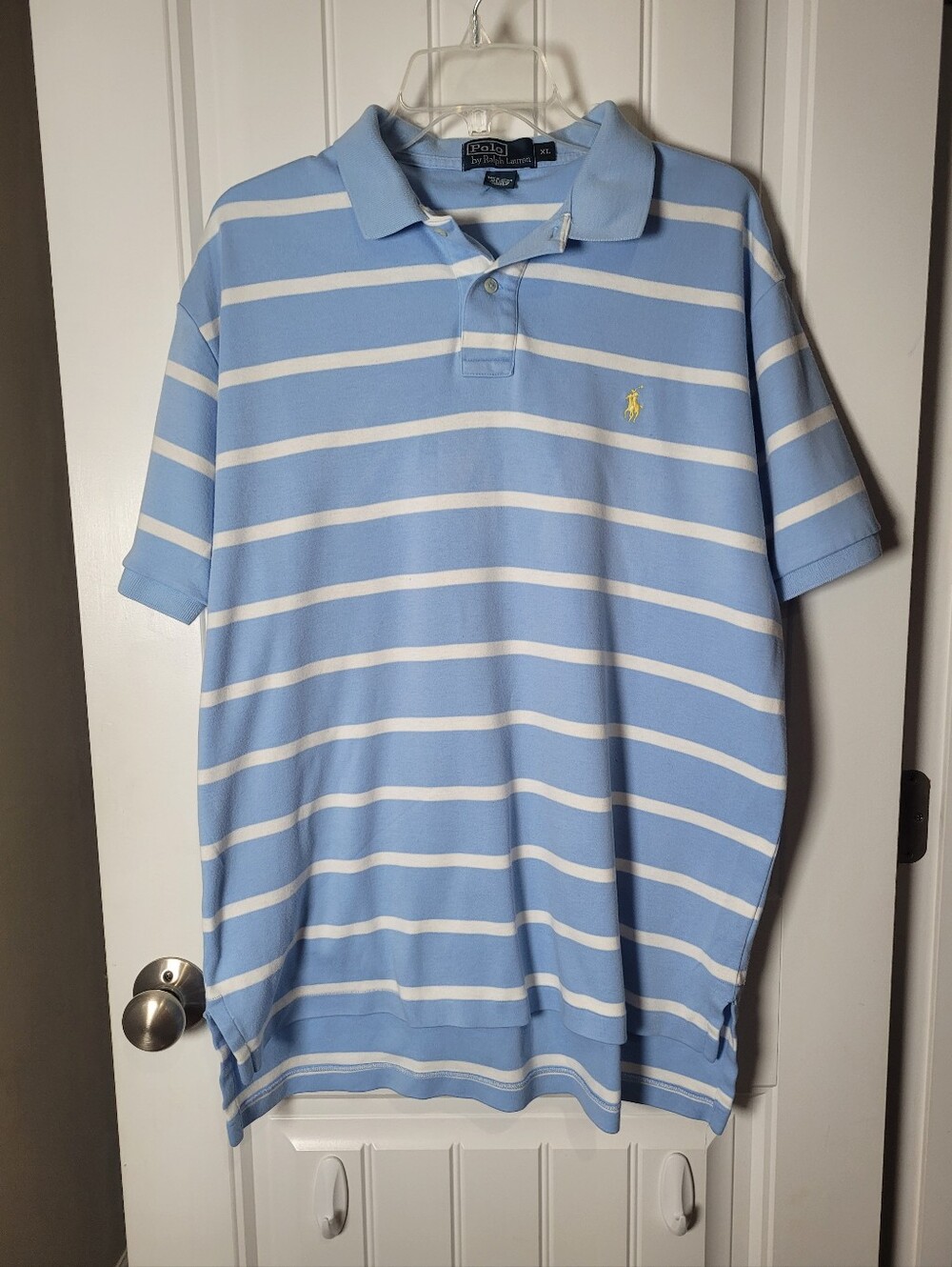 Polo by Ralph Lauren Light Blue & White Striped Polo with Yellow Pony.  Size XL